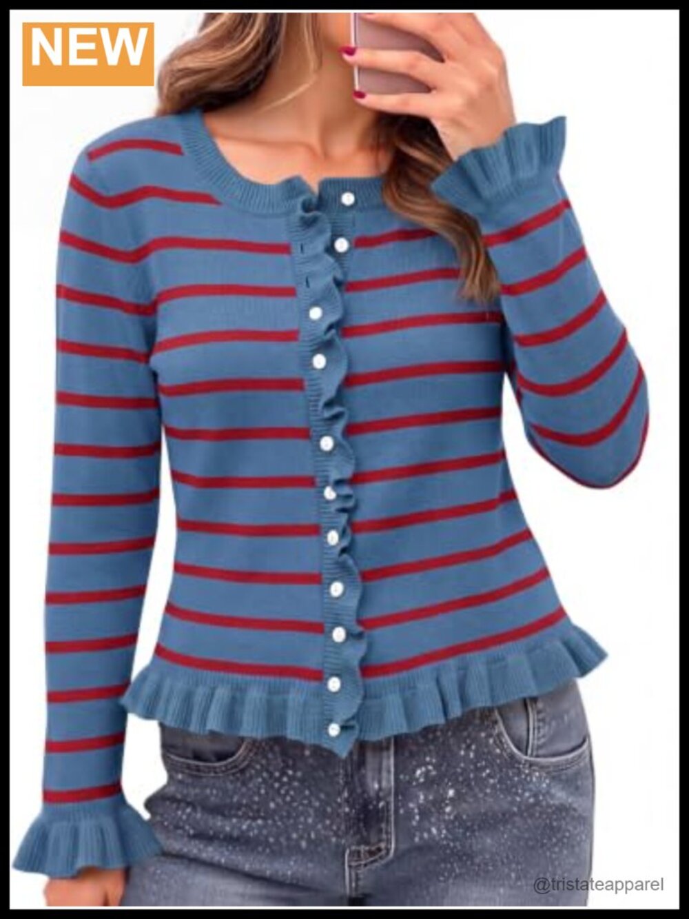 Womens Ruffle Crop Cardigan Long Sleeve Button Down Knit Sweater